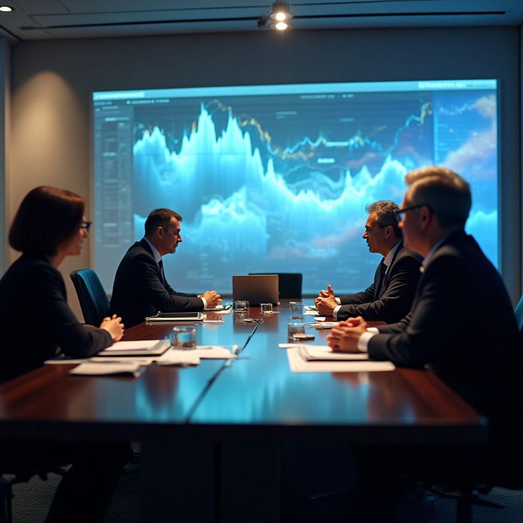 Reunión estratégica de equipo financiero con clientes